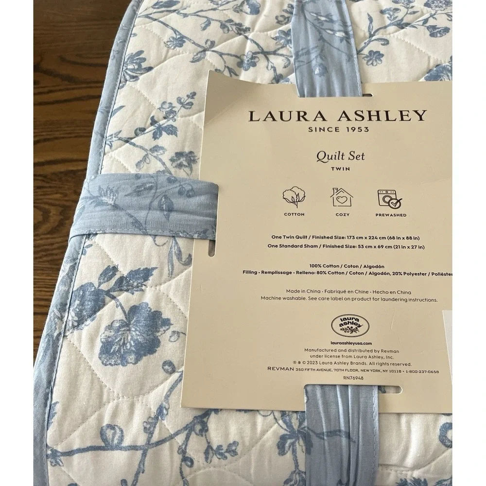 Laura Ashley Twin Quilt Sham Set Cotton Blue White Floral Dorm Room Cottagecoore
